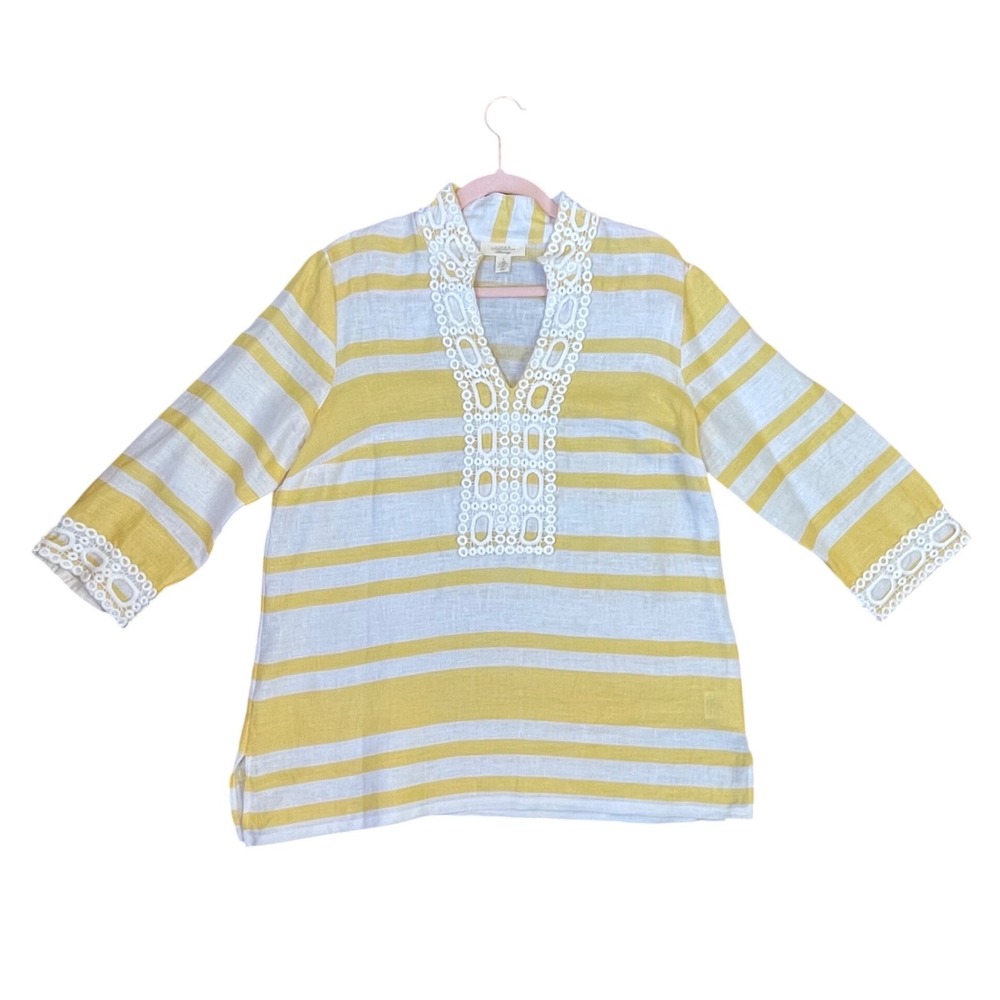 Charter Club Luxury Linen‎ Tunic Top Yellow White Striped Eyelet Trim Large
